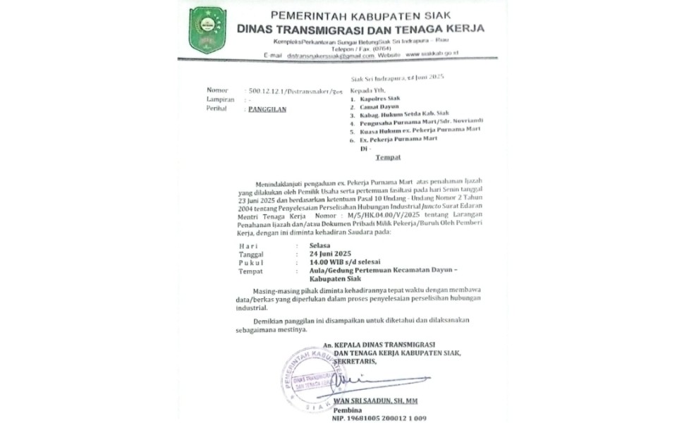 Disnaker Siak Panggil Pemilik Toko Purnama Swalayan, Terkait Penahanan Ijazah dan Dugaan Kekerasan Terhadap Karyawan
