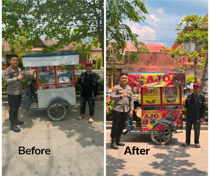 Pedagang Sate Senang, Gerobak Jualan Dimake Over Polsek Tembilahan