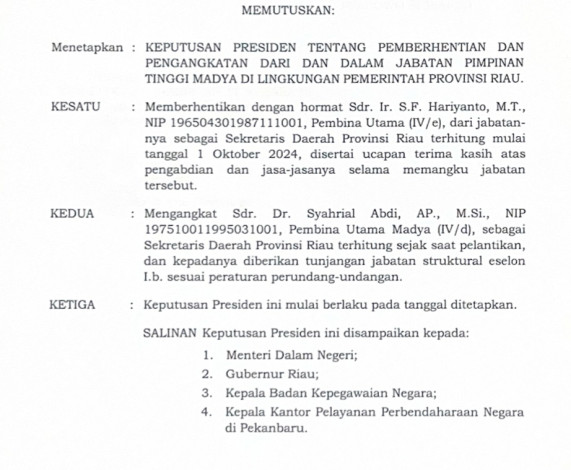 Beredar Keputusan Presiden Soal Pengangkatan Syahrial Abdi sebagai Sekdaprov Riau