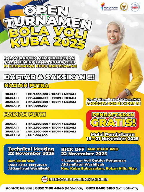 Anggota DPR RI Karmila Sari akan Hadiri Kick Off Open Turnamen Bola Voli di Kuba Rohil