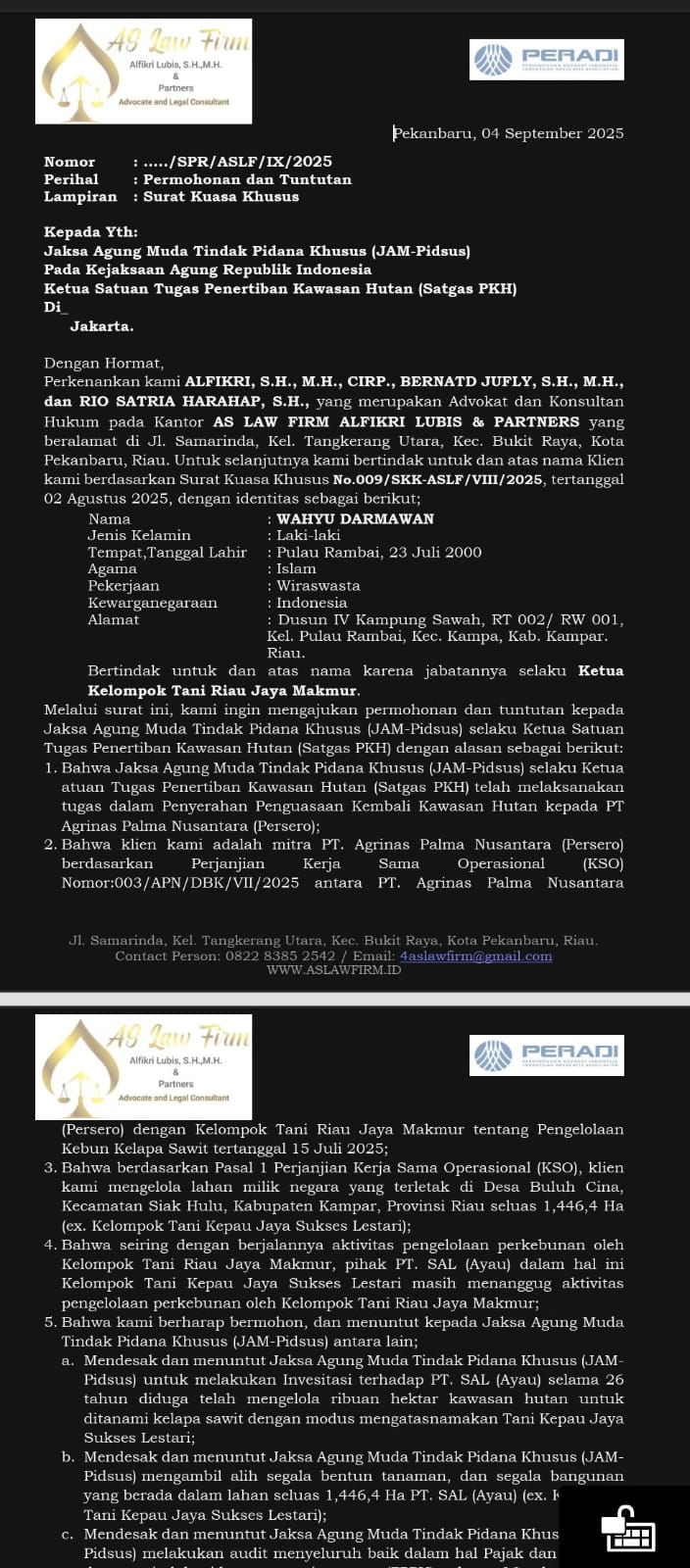 26 Tahun Kuasai Hutan Riau, PT SAL Diduga Gelapkan Ribuan Hektar: Kuasa Hukum Petani Tuntut JAM-Pidsus Turun Tangan!