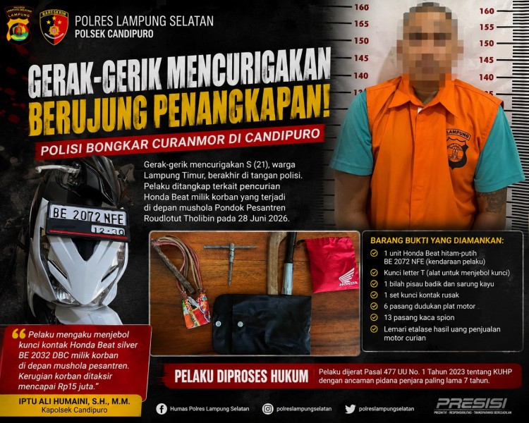 Gerak-gerik Mencurigakan, Pria di Candipuro Ditangkap Polisi Terkait Curanmor