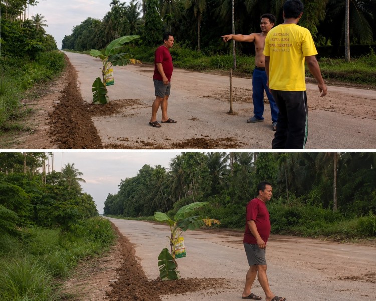 Geram! Warga Tanam Pohon Pisang di Jalan PU Lama yang Rusak