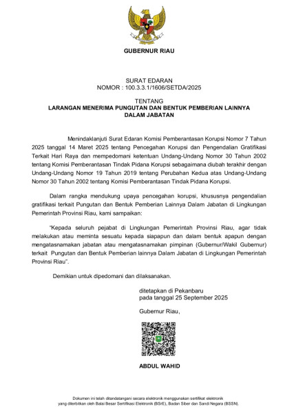 Gubri Wahid Keluarkan SE, Larang Keras Pejabat Menerima atau Meminta Pungutan Dalam Jabatan