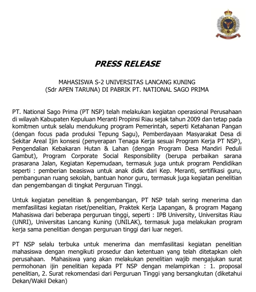 PT National Sago Prima Buka Suara soal Aktivitas Penelitian Mahasiswa di Pabrik