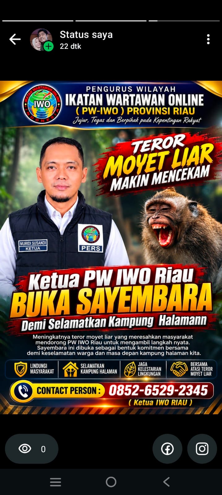 Demi Selamatkan Warga dari Teror Monyet Liar, Ketua PW IWO Riau Buka Sayembara Tangkap Hidup