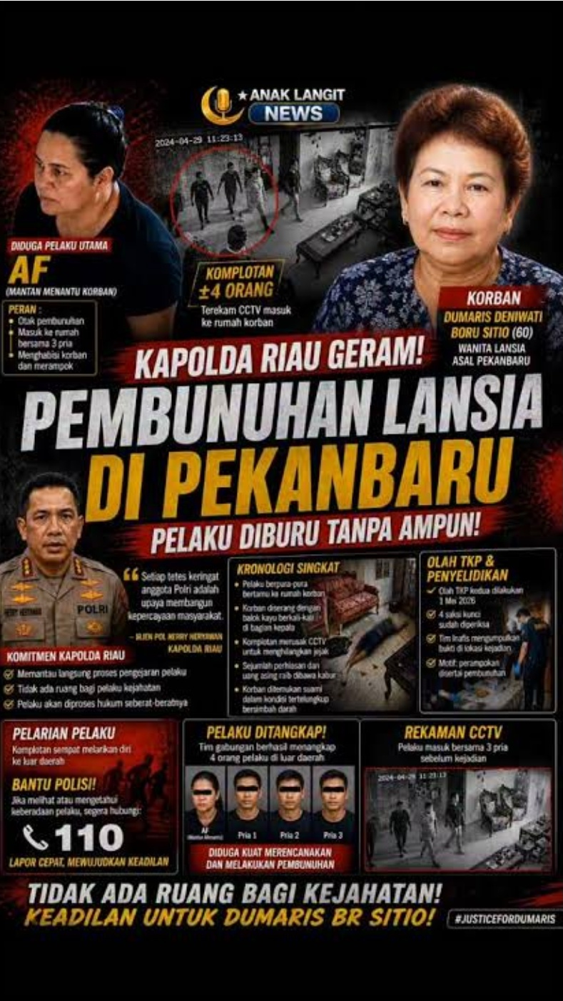 Pembunuhan Sadis Lansia di Rumbai Terungkap, Menantu Jadi Otak Pelaku, Motif Sakit Hati dan Ekonomi