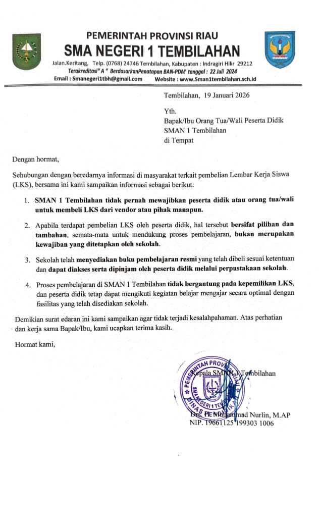 Kepala SMAN 1 Tembilahan Tegaskan Tidak Ada Kewajiban Pembelian LKS bagi Siswa