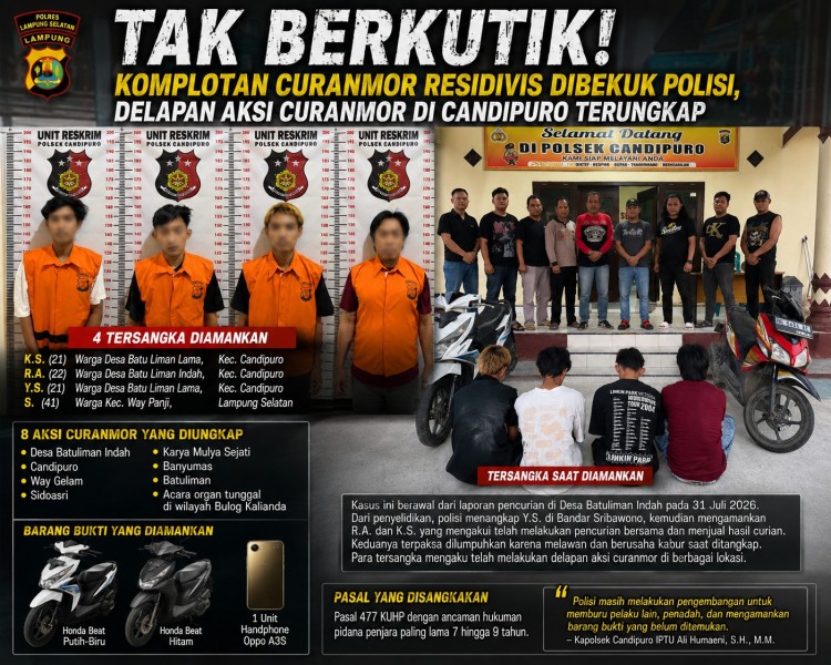 Tak Berkutik! Komplotan Curanmor Residivis Dibekuk Polisi, Delapan Aksi Curanmor Terungkap