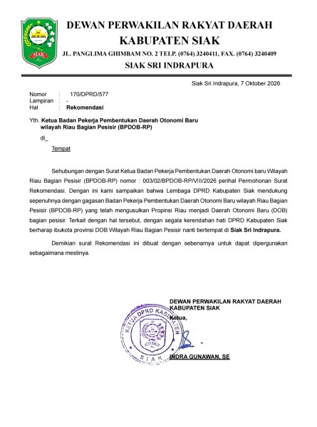 Tinggal Meranti, DPRD Siak Resmi Serahkan Rekomendasi DOB Riau Bagian Pesisir