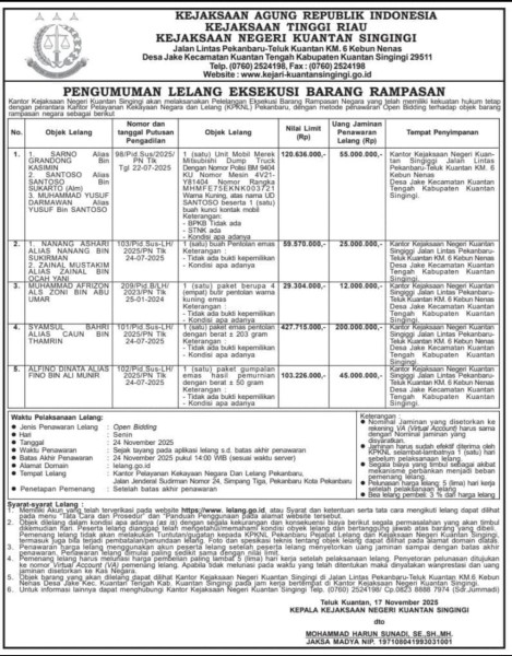 Kejari Kuantan Singingi Umumkan Lelang Eksekusi Barang Rampasan Negara, Sejumlah Dump Truck dan Emas Ditawar Mulai Rp25 Juta