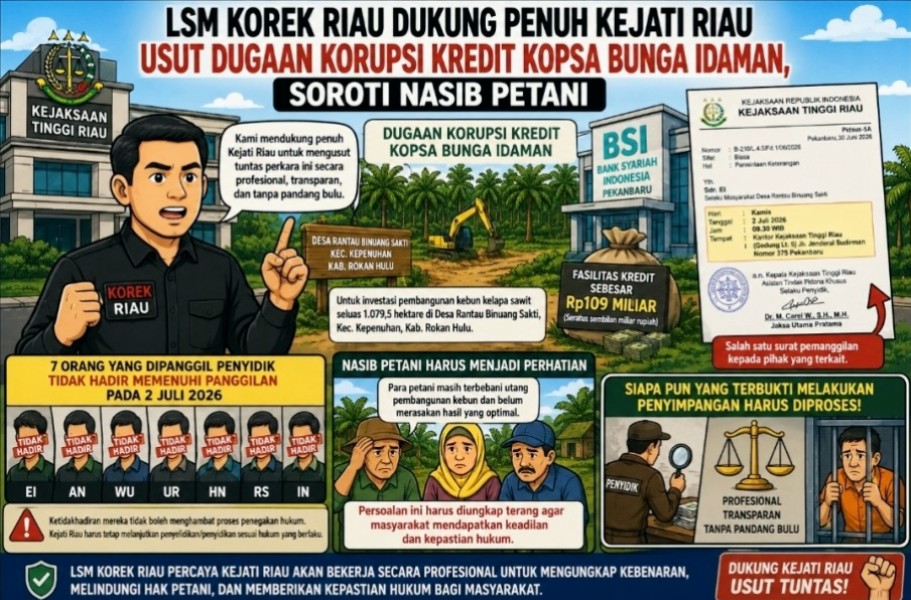 LSM KOREK Riau Dukung Kejati Usut Dugaan Korupsi Kredit Kopsa Bunga Idaman, Soroti Ketidakhadiran Pihak Yang Dipanggil dan Nasib Petani
