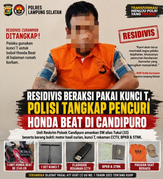 Residivis Curanmor di Candipuro Ditangkap, Bobol Honda Beat Pakai Kunci T