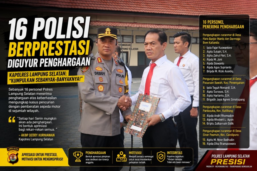 16 Polisi Lampung Selatan Dapat Penghargaan
