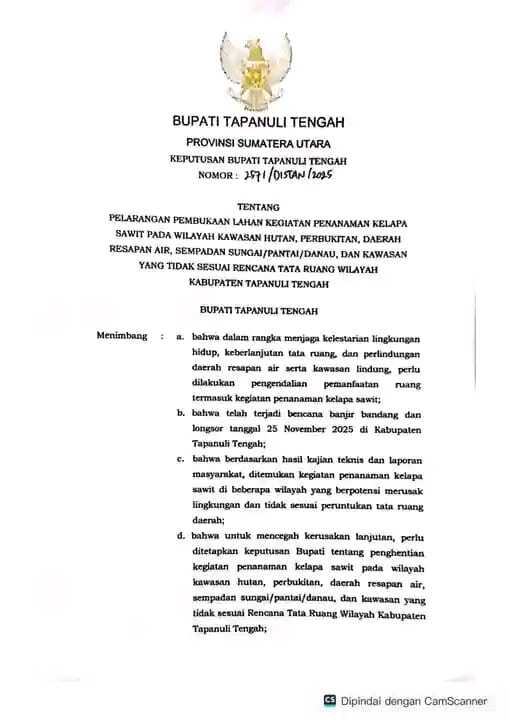 Tegas! Bupati Tapanuli Tengah Terbitkan SK Larangan Menanam Sawit