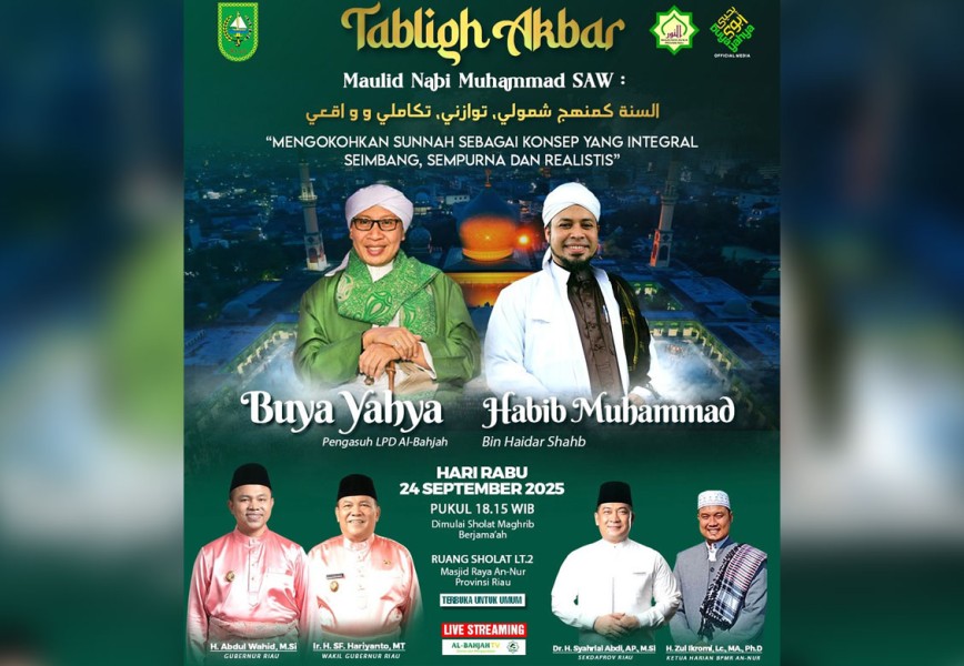 Besok, Buya Yahya dan Habib Muhammad Haidar Syahab Isi Tabligh Akbar Maulid Nabi Pemprov Riau di Masjid Raya Annur