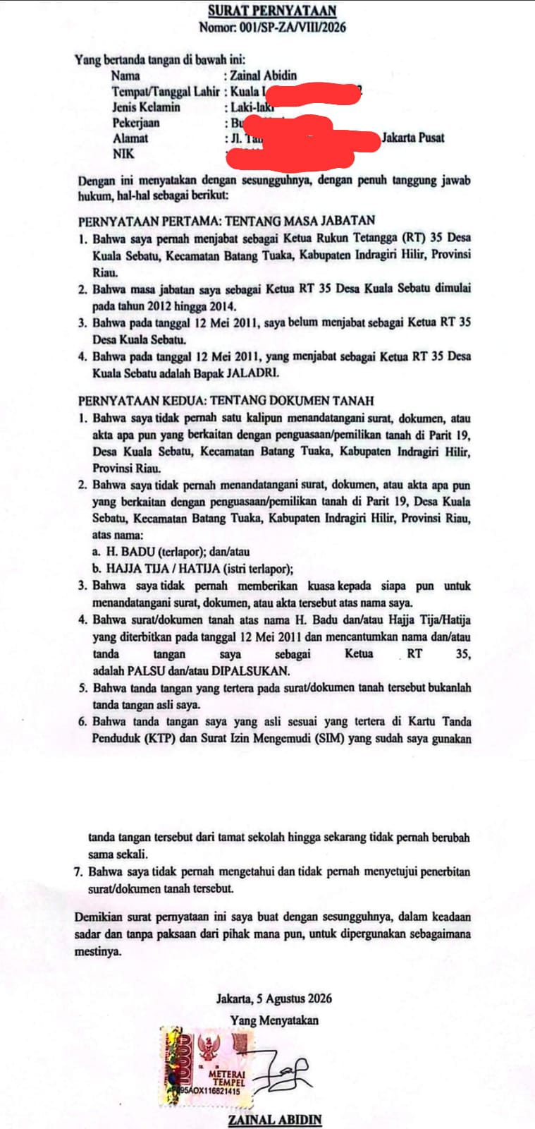 Zainal Abidin Keluarkan Surat Pernyataan Soal Surat Tanah Kuala Sebatu