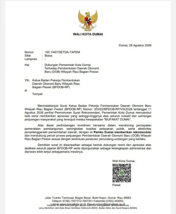 Sah! Pemko Dumai Beri Rekomendasi Pembentukan DOB Riau Bagian Pesisir