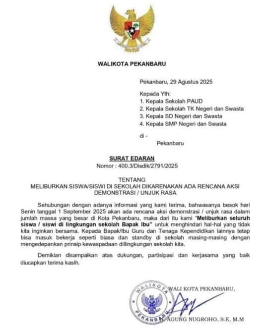 Hoaks! Surat Edaran Libur Sekolah di Pekanbaru Terkait Aksi Massa Beredar di WhatsApp