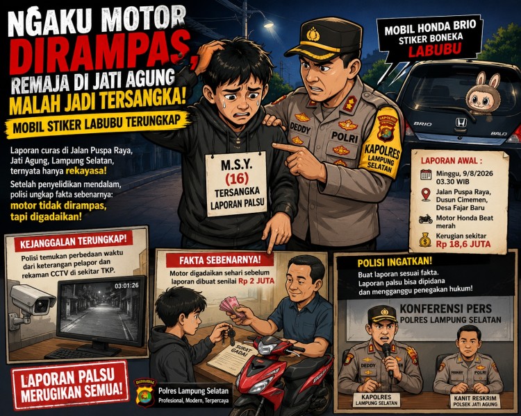 Ngaku Motor Dirampas, Remaja 16 Tahun di Jati Agung Malah Jadi Tersangka