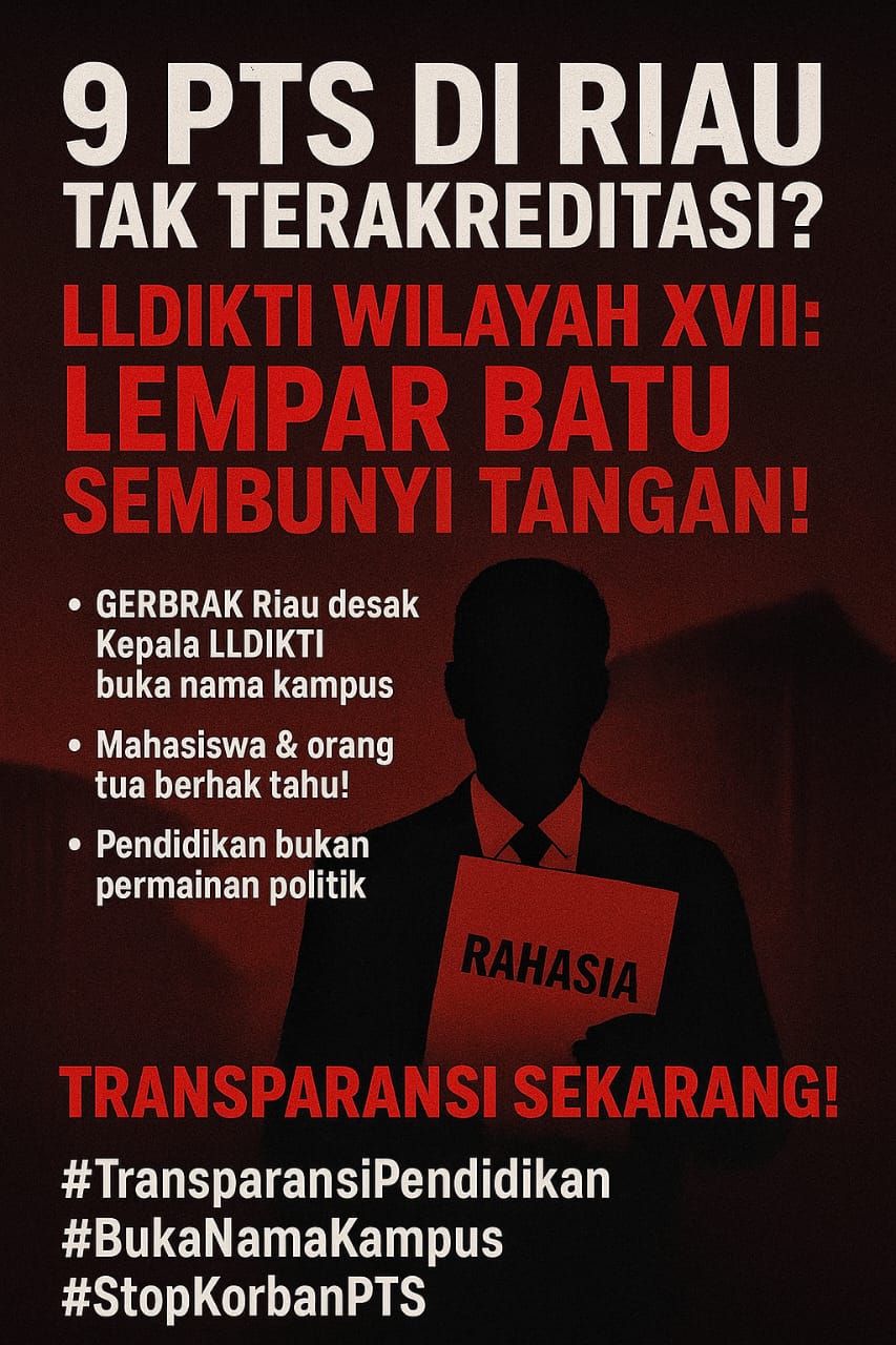 Isu 9 PTS di Riau Tidak Terakreditasi Bikin Geger, GERBRAK Riau: Kepala LLDIKTI Wilayah XVII Pengecut, Lempar Batu Sembunyi Tangan