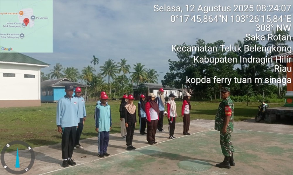 Sukseskan HUT RI ke-80 Tingkat Kecamatan Teluk Belengkong, Babinsa Koramil 06/Kateman Latih Calon Paskibraka