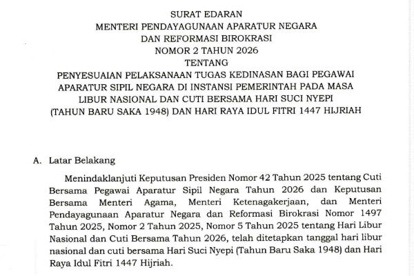 Pemerintah Resmi Umumkan Libur Lebaran dan WFA ASN PNS, Ini Isi Surat Kemenpan-RB