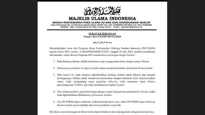 Penting! Majelis Ulama Indonesia (MUI) Keluarkan Fatwa Permainan Domino, Ini Isinya