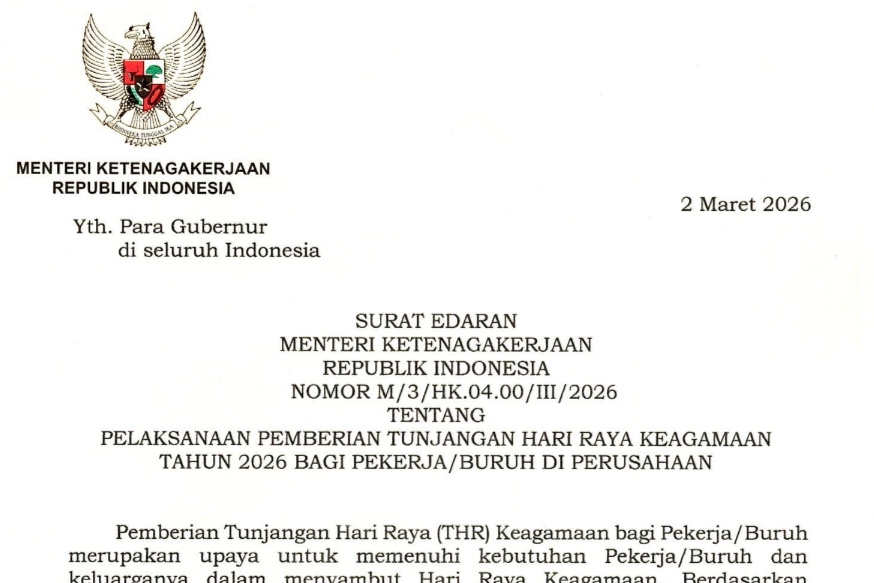 Resmi,  Menaker RI Teken Aturan Pembayaran THR 2026, Wajib Tidak Boleh Dicicil