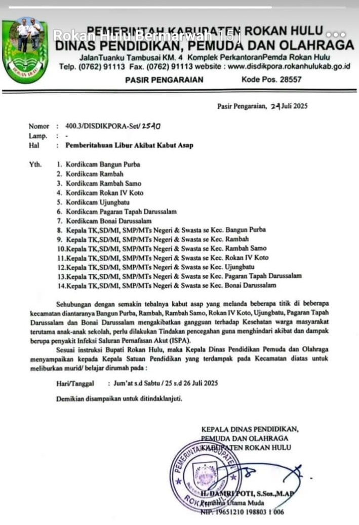 Mimpi Buruk Terulang! Rohul Terpaksa Liburkan Sekolah Akibat Kabut Asap
