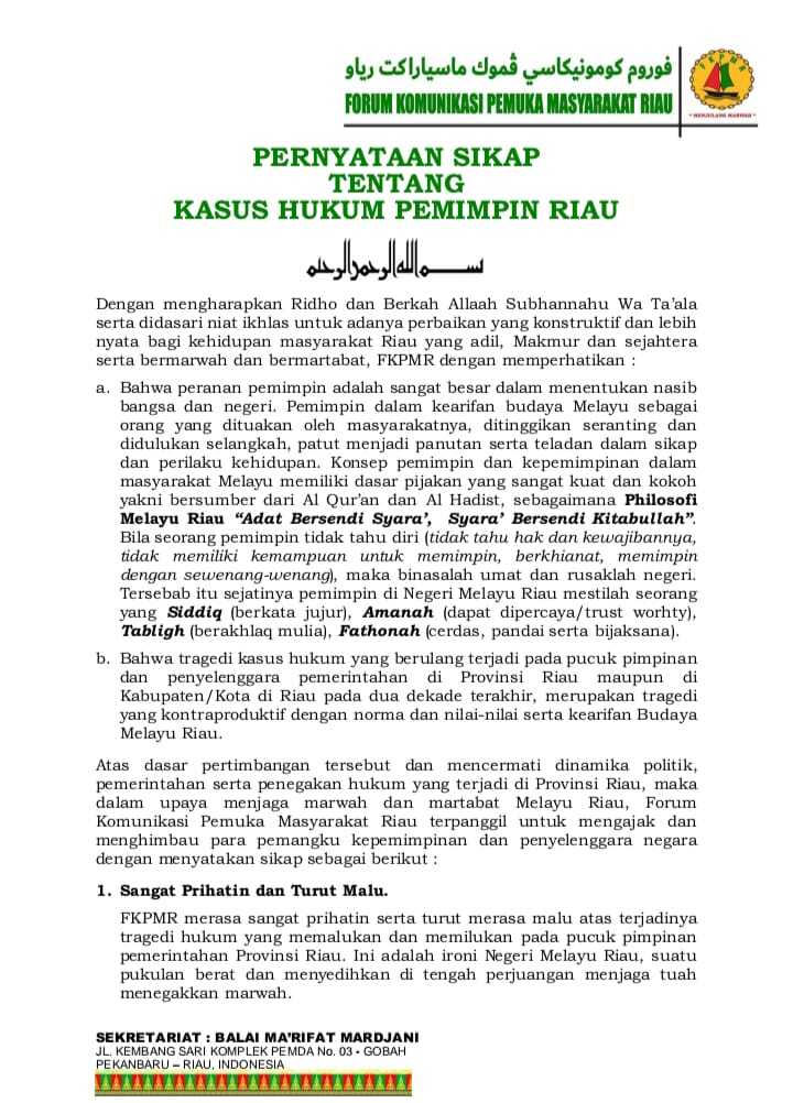 Prihatin Atas Musibah yang Menimpa Gubernur Riau, FKPMR Keluarkan Pernyataan Sikap