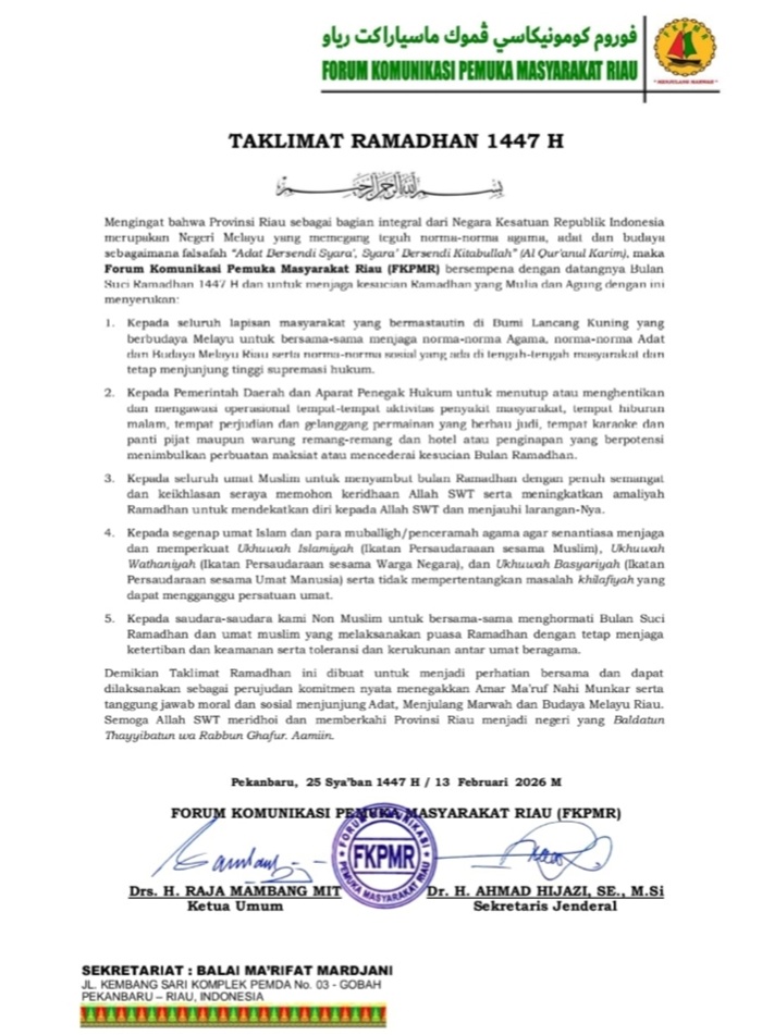 Jaga Marwah Melayu, FKPMR Keluarkan Taklimat Ramadhan 1447 H untuk Seluruh Masyarakat Riau