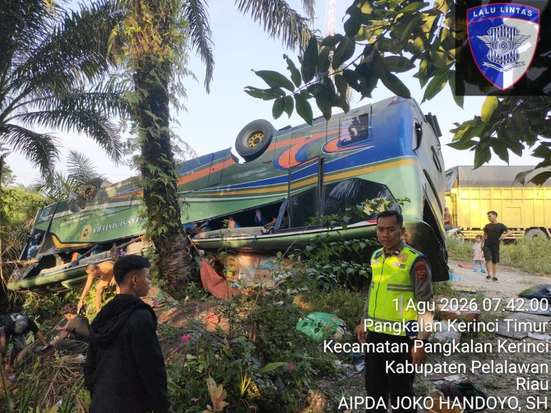 Pengemudi Diduga Kurang Konsentrasi, Bus ALS Berisi 34 Penumpang Terbalik di Pelalawan, Lima Orang Luka Ringan