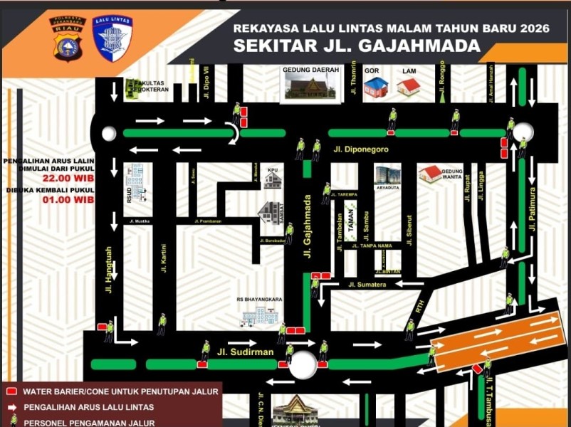 Pekanbaru Siaga Malam Tahun Baru 2026, Jalan Protokol Ditutup