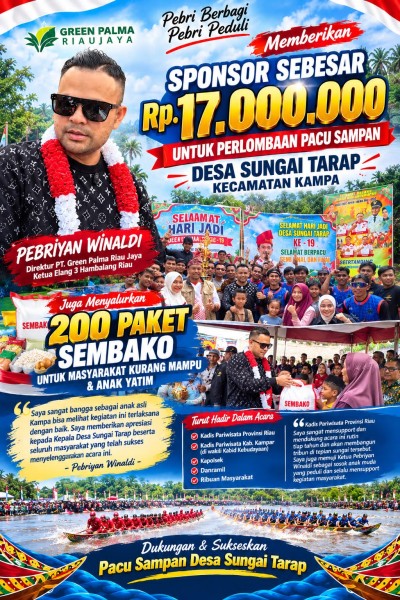 Grand Final Pacu Sampan Desa Sungai Tarap Meriah, Pebriyan Winaldi Salurkan Bantuan 17Juta dan 200 Paket Sembako