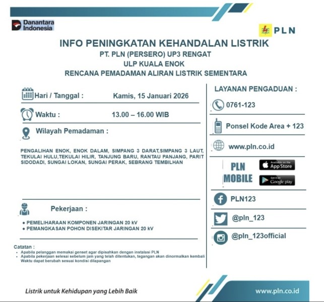 Besok !!! PLN ULP Kuala Enok Lakukan Pemeliharaan Jaringan 20 kV, Berikut Daftar Pemadaman Wilayah