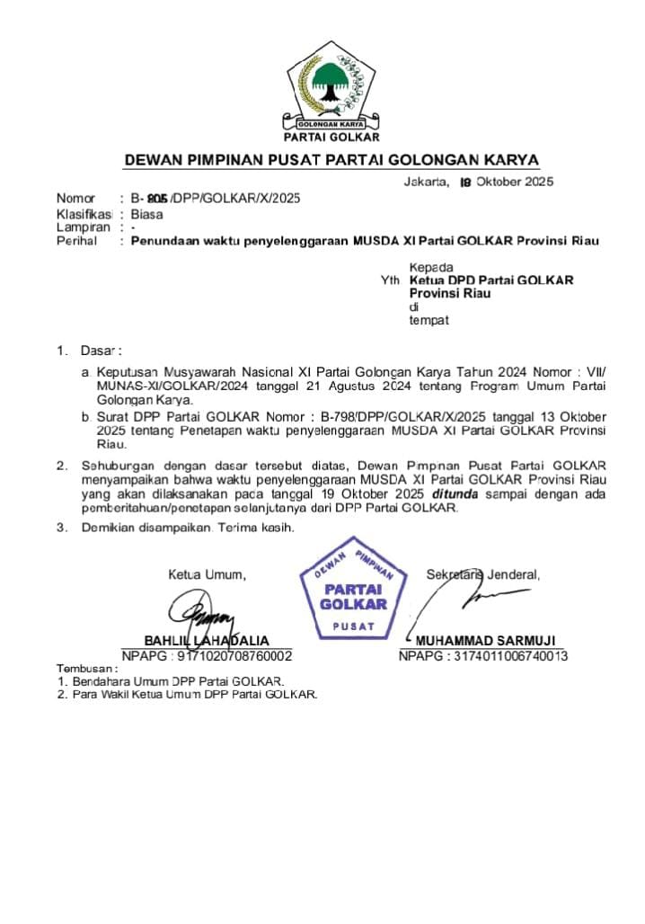 DPP Partai Golkar Tunda Pelaksanaan Musda XI Golkar Riau