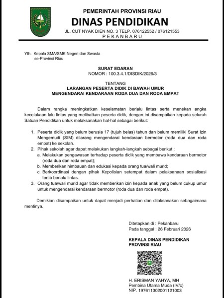 Disdik Riau Larang Siswa di Bawah Umur Bawa Kendaraan ke Sekolah