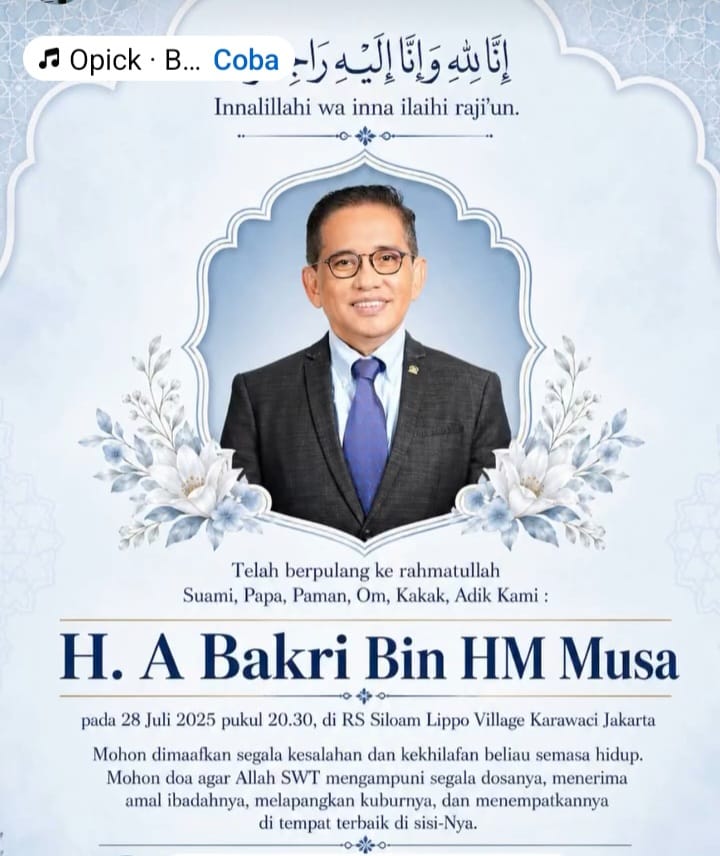 Jambi Berduka, H. A. Bakri Tutup Usia di Jakarta, Akan Dimakamkan di Muaro Jambi