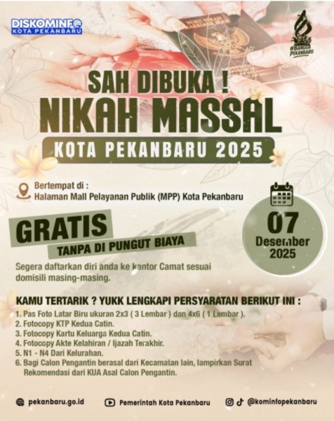 Nikah Massal dan Sidang Isbat Gratis Pemko Pekanbaru: Sudah 43 Pasutri Mendaftar, 200 Lebih untuk Isbat Nikah