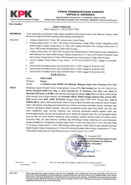 Iwan Pansa Dipanggil KPK, Diduga Terkait Perkara Korupsi yang Menjerat Gubernur Riau Abdul Wahid