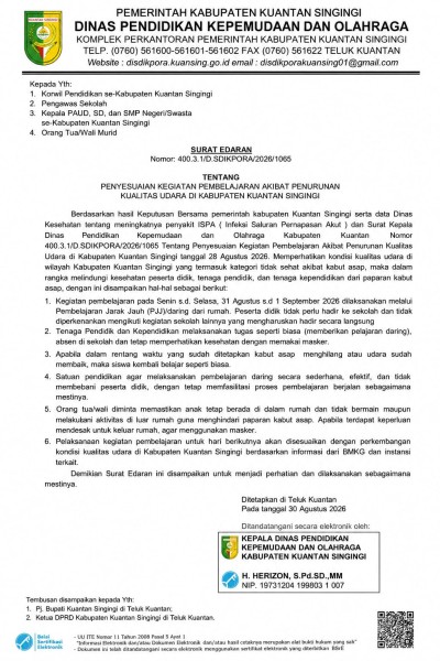 Kabut Asap Memburuk, Disdikpora Kuansing Terapkan Pembelajaran Daring