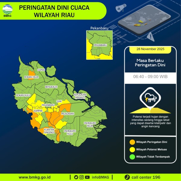 Hujan Lebat Disertai Petir Berpotensi Terjadi di Lima Kabupaten Riau