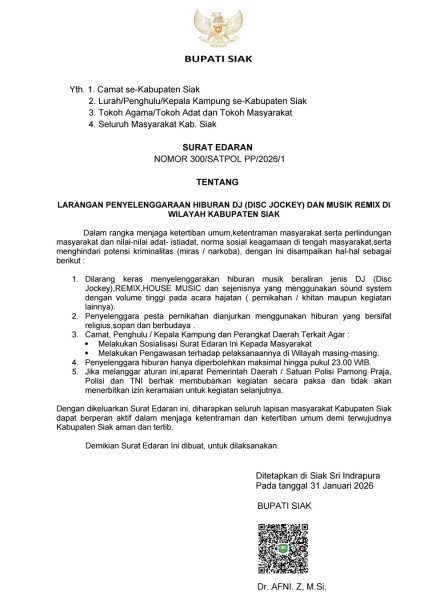 Siak Larang Hiburan DJ dan Musik Remix, Bupati Afni Z Tegaskan Ketertiban dan Nilai Budaya