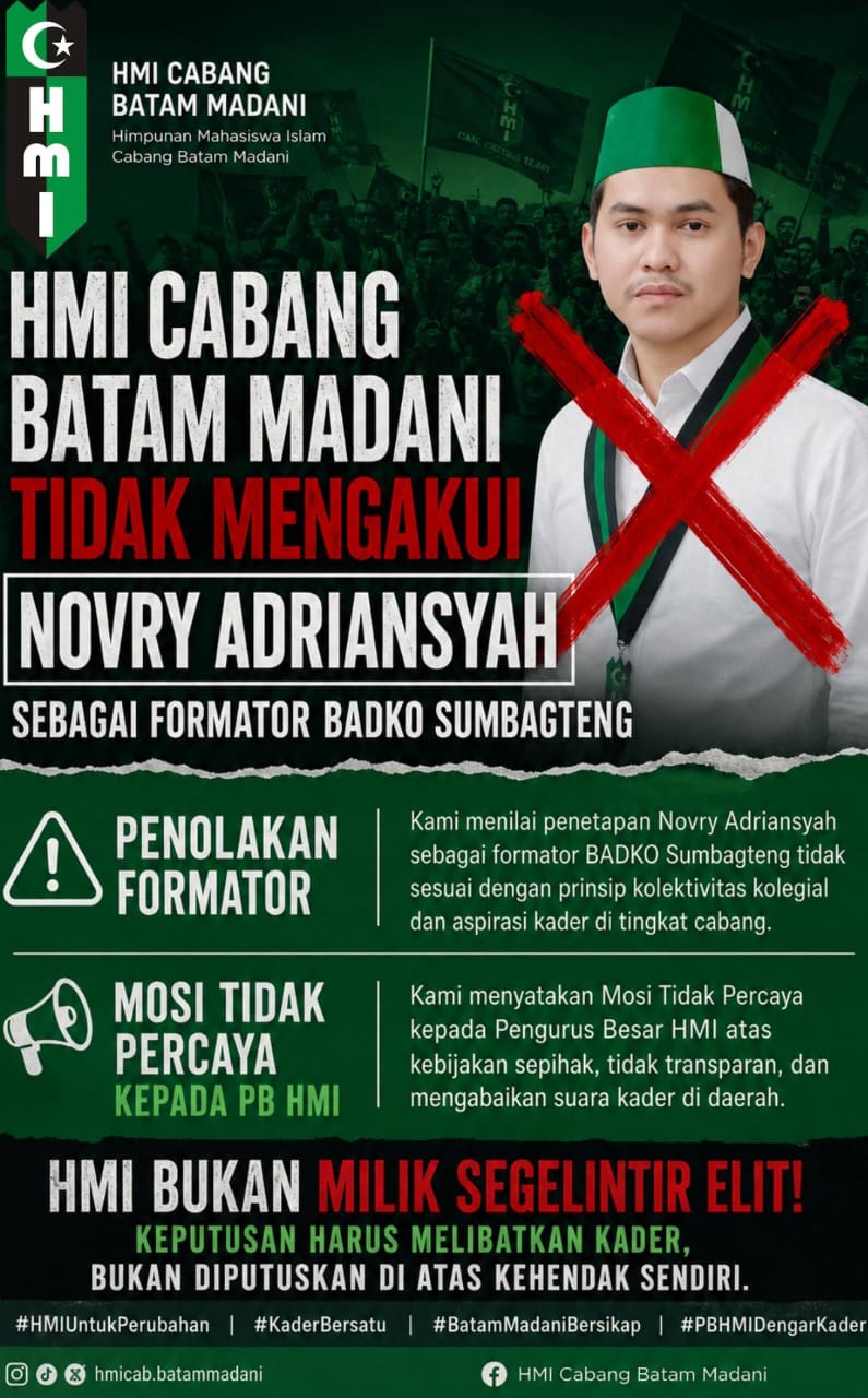 HMI Cabang Batam Madani Kritik Keras Penetapan Formatur BADKO Sumbagteng, Ajukan Mosi Tidak Percaya kepada PB HMI