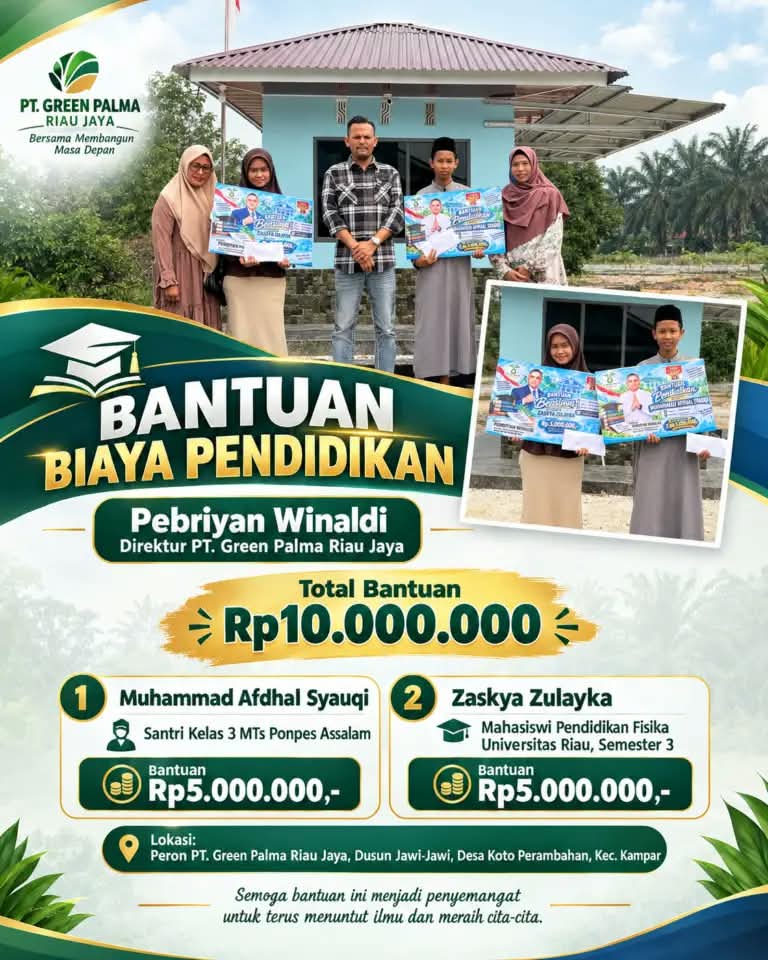 Direktur Utama PT Green Palma Riau Jaya Pebriyan Winaldi Salurkan Bantuan Pendidikan Rp10 Juta untuk Dua Pelajar