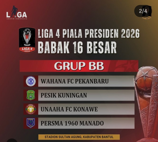 Wahana FC Pekanbaru Tergabung di Grup BB Babak 16 Besar Liga 4 Piala Presiden 2026