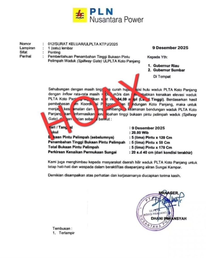 Hoaks! Manajemen PLTA Koto Panjang Tegaskan Surat Edaran yang Beredar Palsu