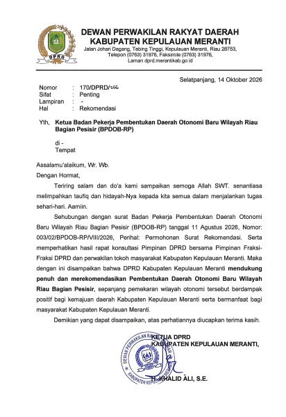DPRD Meranti Terbitkan Rekomendasi, Dukungan DOB Riau Pesisir Masuk Babak Baru
