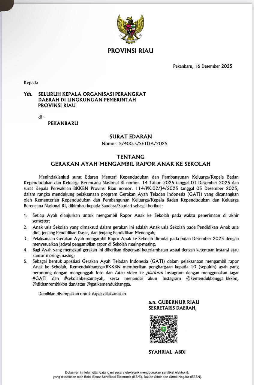 Dorong Peran Ayah, Pemprov Riau Resmi Terapkan Gerakan Ayah Ambil Rapor Anak ke Sekolah
